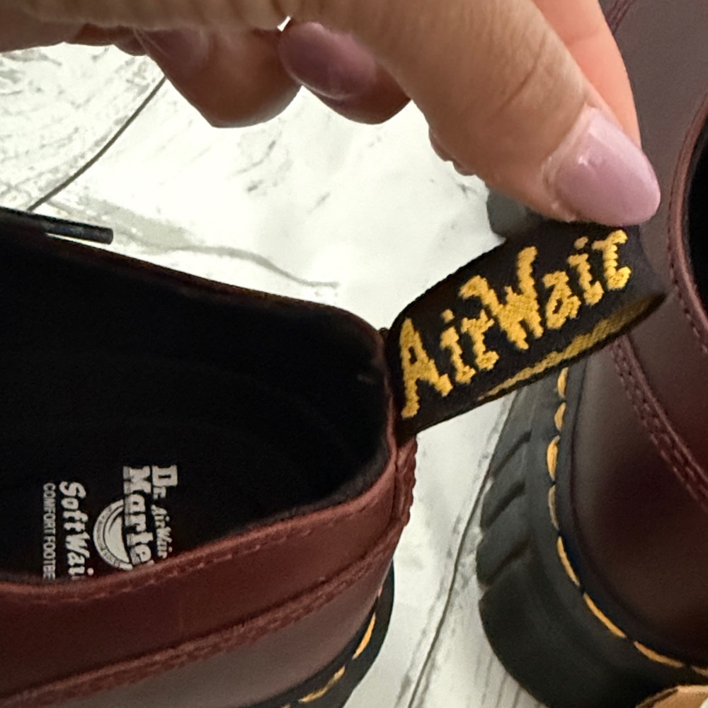 Dr. Martens Burgundy Leather Chunky Lace-Up Oxfords with Yellow Stitching - Picture 6 of 9